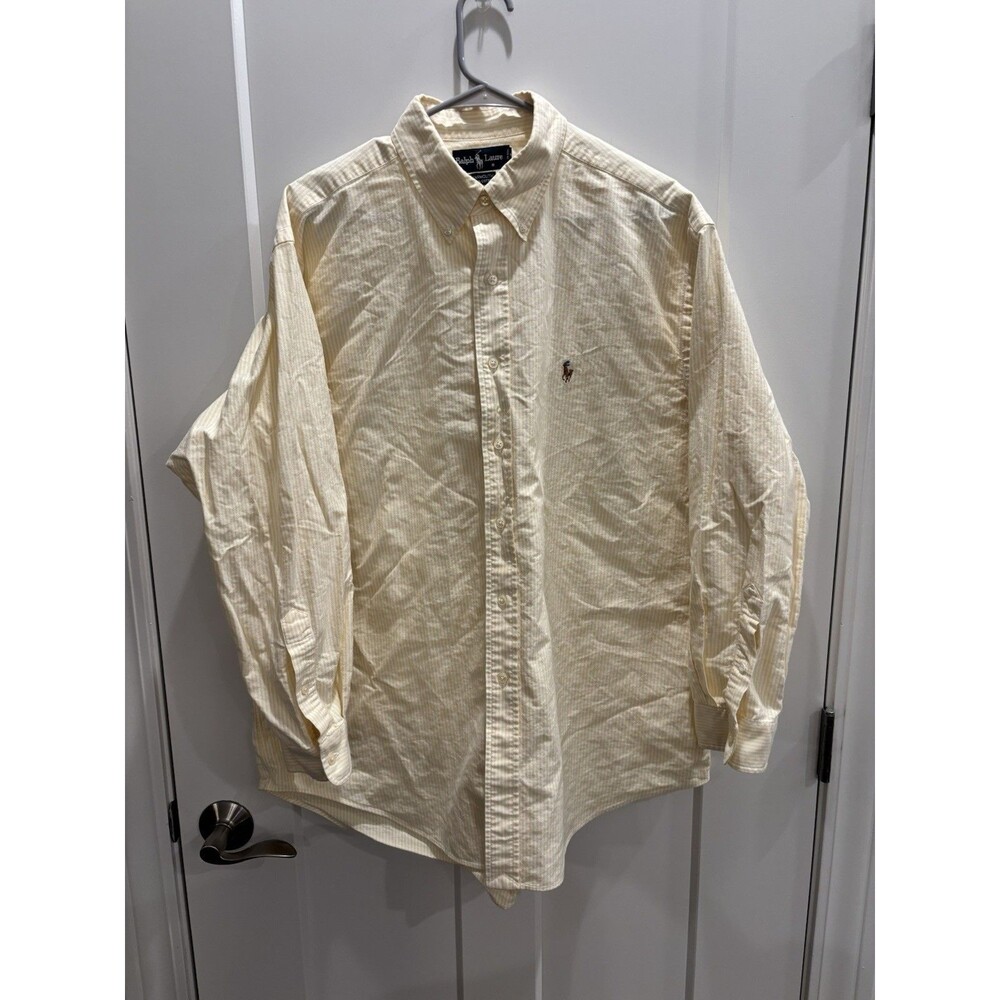 Vintage 90s Ralph Lauren Yarmouth Yellow Stripe Pinstriped Button Up Shirt 17-34